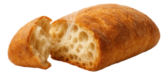 Ciabatta loaf, a piece torn off, steam curling upwards.