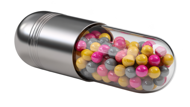 Clear capsule with colorful medicine balls inside. Metallic end cap design