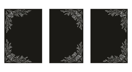 Three black rectangles with gray floral corner designs on white background