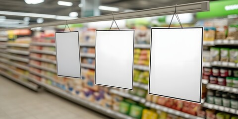 Blank sign hanging in�supermarket aisle