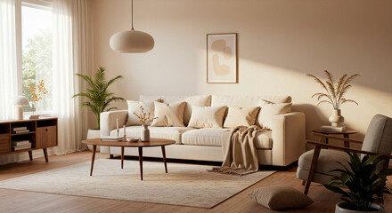 Contemporary minimalist living room interior with warm, natural tones and soft light