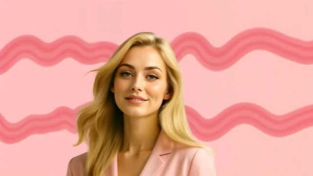 What will give you a good mood: A beautiful young blonde against the backdrop of dark pink waves, magically lifting your mood, becomes even more attractive and happy as the camera approaches