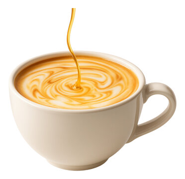 Thin vanilla syrup line weaving into a ceramic latte cup, blending with the steamed milk.