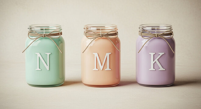 Three pastel colored mason jars with letters NMK