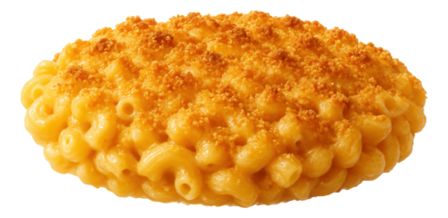 Baked mac and cheese with breadcrumb topping, steam rising in curls.