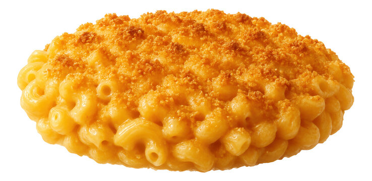 Baked mac and cheese with breadcrumb topping, steam rising in curls.