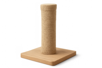 Scratching post made of sisal rope on wooden base with transparent background