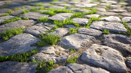 Naklejka premium Close-up view of a cobblestone pavement with grass sprouting between the stones