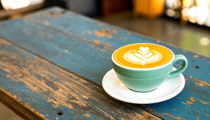 Stunning latte art in a teal mug on rustic blue wood table, perfect for cafe menus