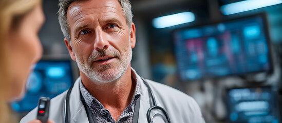 Doctor talking with patient in modern hospital operating room