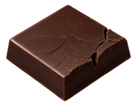 A square of chocolate with a corner broken off, highlighting a pattern of cracks in the smooth finish.