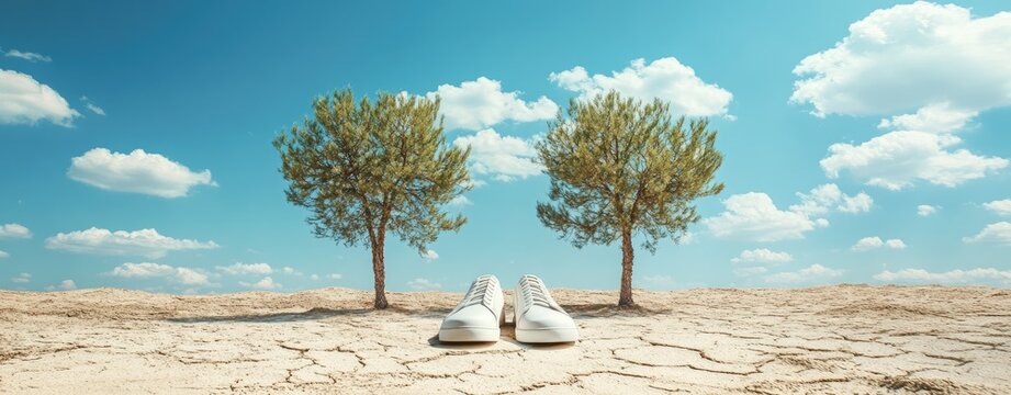 White shoes on cracked earth, trees in a blue sky - Powered by Adobe