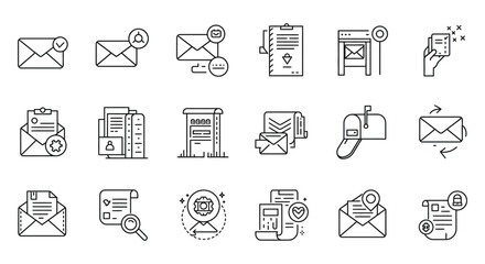 Email icons and mail symbols in various line art styles and forms