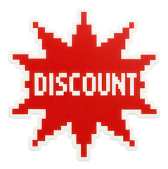 Obraz premium Red starburst sticker with DISCOUNT text in bold pixelated style, striking retail promotion offer on transparent background.