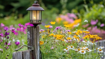 Rustic garden lantern amidst vibrant flowers