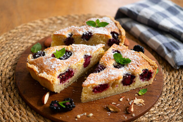 Frangipane tart with raspberries. Traditional Italian recipe.