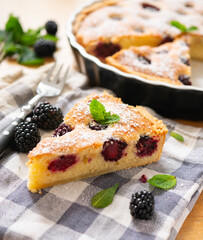 Frangipane tart with raspberries. Traditional Italian recipe.