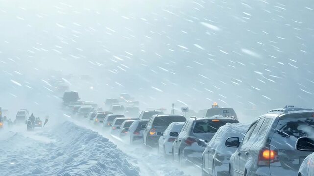 Cars stuck in heavy traffic during a snowstorm on a mountain road.
