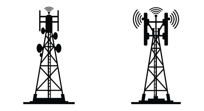 Cell towers with antennas and signal waves emitting from the top clearly shown