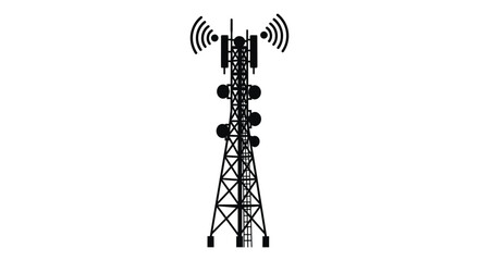 Cell tower with antennas and signal waves on white background