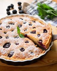 Frangipane tart with raspberries. Traditional Italian recipe.