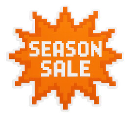 Fototapeta premium Bright orange burst sticker with SEASON SALE text in pixelated style, eye-catching retail discount promo on transparent background.