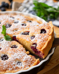 Frangipane tart with raspberries. Traditional Italian recipe.