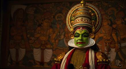 Kathakali dancer performance art culture mural background India Kerala tradition makeup costume face expression mythology character theater painting
