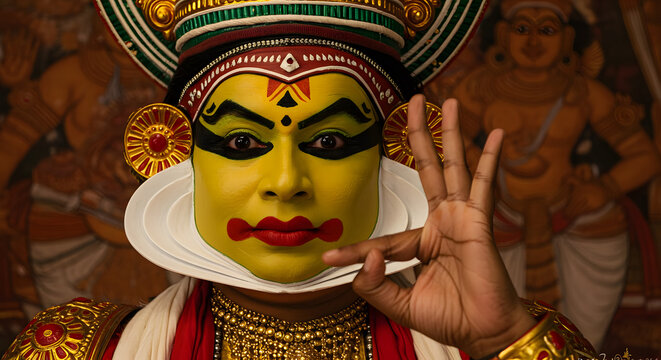 Kathakali dancer face portrait hand gesture mudra art culture Kerala India tradition makeup costume expression character yellow