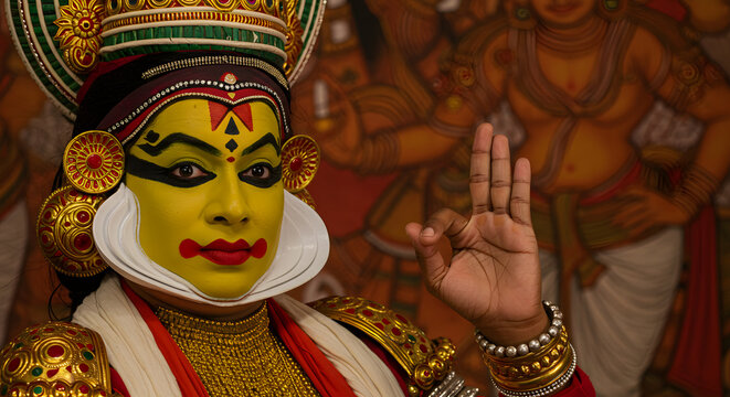 Kathakali dancer face portrait hand gesture mudra art culture Kerala India tradition makeup costume expression character yellow painting