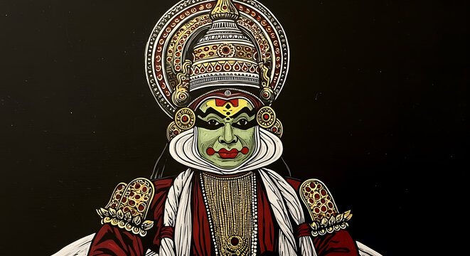Kathakali dancer illustration drawing art ink sketch culture Kerala India tradition makeup face portrait design background mythology character