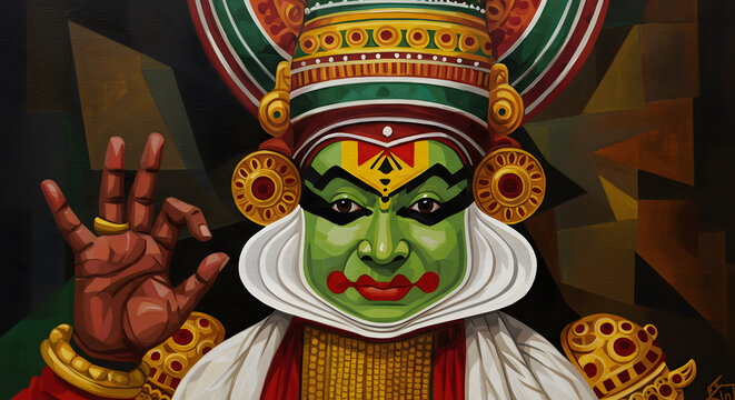 Kathakali dancer painting art illustration festival Kerala India culture tradition makeup face gesture modern abstract design background beautiful