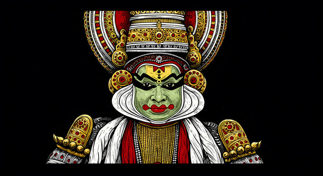 Kathakali dancer illustration drawing art ink sketch culture Kerala India tradition makeup face portrait design background mythology character