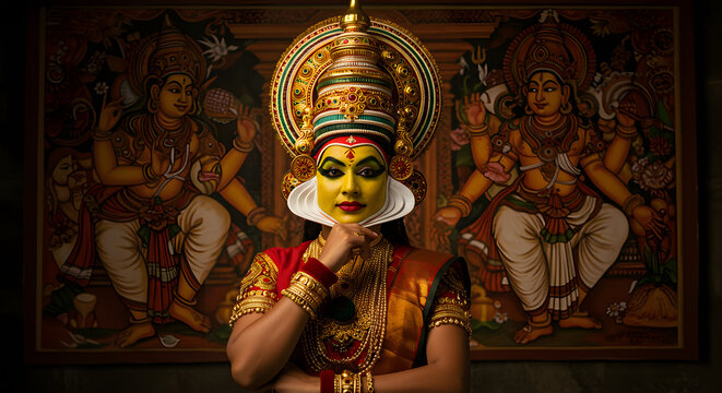 Kathakali woman dancer portrait art mural culture India Kerala tradition makeup costume face expression mythology character painting