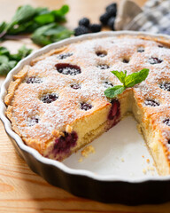 Frangipane tart with raspberries. Traditional Italian recipe.