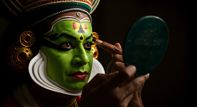 Kathakali makeup artist eye detail face paint preparation backstage culture Kerala India tradition brush process focus ritual art