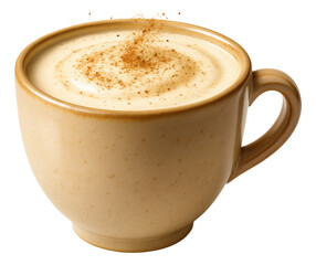Fototapeta premium Nutmeg sprinkles swirling above a ceramic cup of eggnog, creating a warm, fragrant atmosphere.
