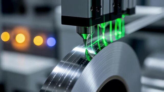 Innovation in superconducting tape production technique illustrated by laserguided slitting tools executing ultrafine cuts on flexible conductive tapes.