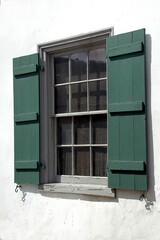 old wooden window with green shutters
