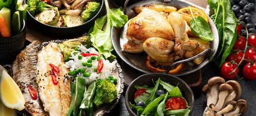 Table scene of various delicious foods. Healthy, family dinner.