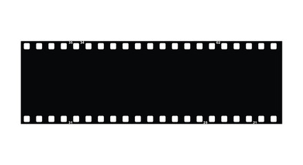 A black film strip with white sprocket holes on a plain white background