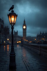 Fototapeta premium A lone crow perches atop a lit victorian lamppost on a wet london street with big ben in the background