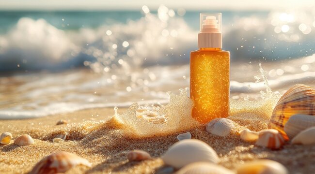 Amber bottle of sunscreen on beach with seashells - Powered by Adobe
