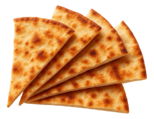 Toasted pita bread triangles with a crispy surface, presented in a fan shape.