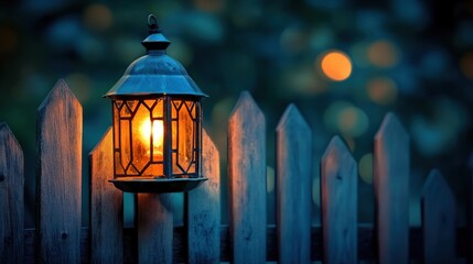 Fototapeta premium Rusty lantern glows on wooden fence at dusk