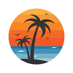 Summer Beach Logo Pack with Palm Trees and Sunset – Tropical Holiday Vector Illustration
