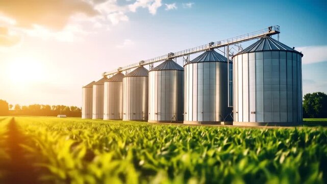 Grain silos in a sunny agricultural field.