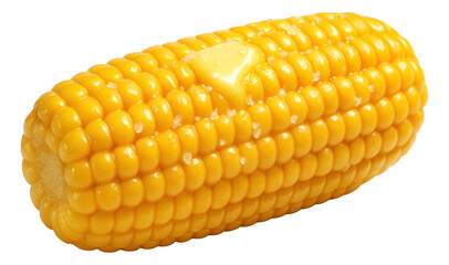 Salt crystals accentuating the surface of a buttered corn cob.