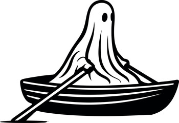 Fototapeta premium Ghost rowing a boat on a dark river isolated on white background