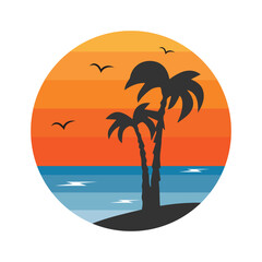 Summer Beach Logo Pack with Palm Trees and Sunset &ndash; Tropical Holiday Vector Illustration
